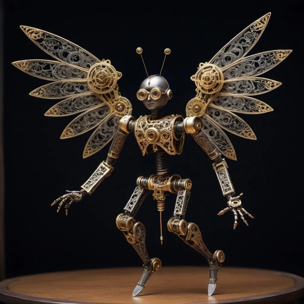 Prompt: Micro mechanical puppet design, Puppetry，(Sword Dance Micro Mechanical Puppet: 1.37), acrylic style, robot character, beautiful details, (whole body: 0.65), Dynamic dance moves, (marionette), marionette, (Chinese shadow puppetry), Gold Line，rope，transparent wings，hung by many threads，eyes and face, Charming figure, Complex mechanisms, Mechanical structure, metallic feel, dark and mysterious atmosphere, bizarre realism, dramatic lighting, Aged and weathered appearance, Steampunk elements, Eerie and surreal atmosphere, intricate lace pattern, film composition, exquisite craft, Gothic aesthetics, strange beauty+, [high dynamic range], [fear], [concept artist], [sharp focus], [professional], [bright colors], [Bokeh], Vision,