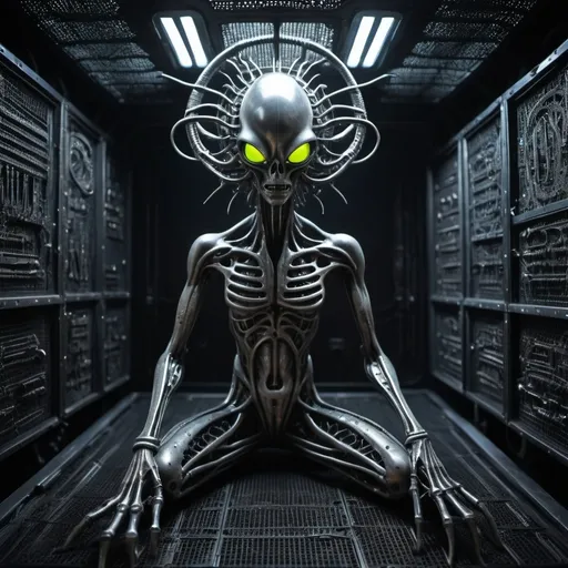 Prompt: Generate an extraterrestrial alien bstract deformed phosphorescent neuron sculpture made of various scrap iron, nails and metals on a one-dimensional perforated mesh panel in an alien ufo mothership room in HR Giger style dystopian future in a post-apocalyptic period cinematic photography photoshoot 