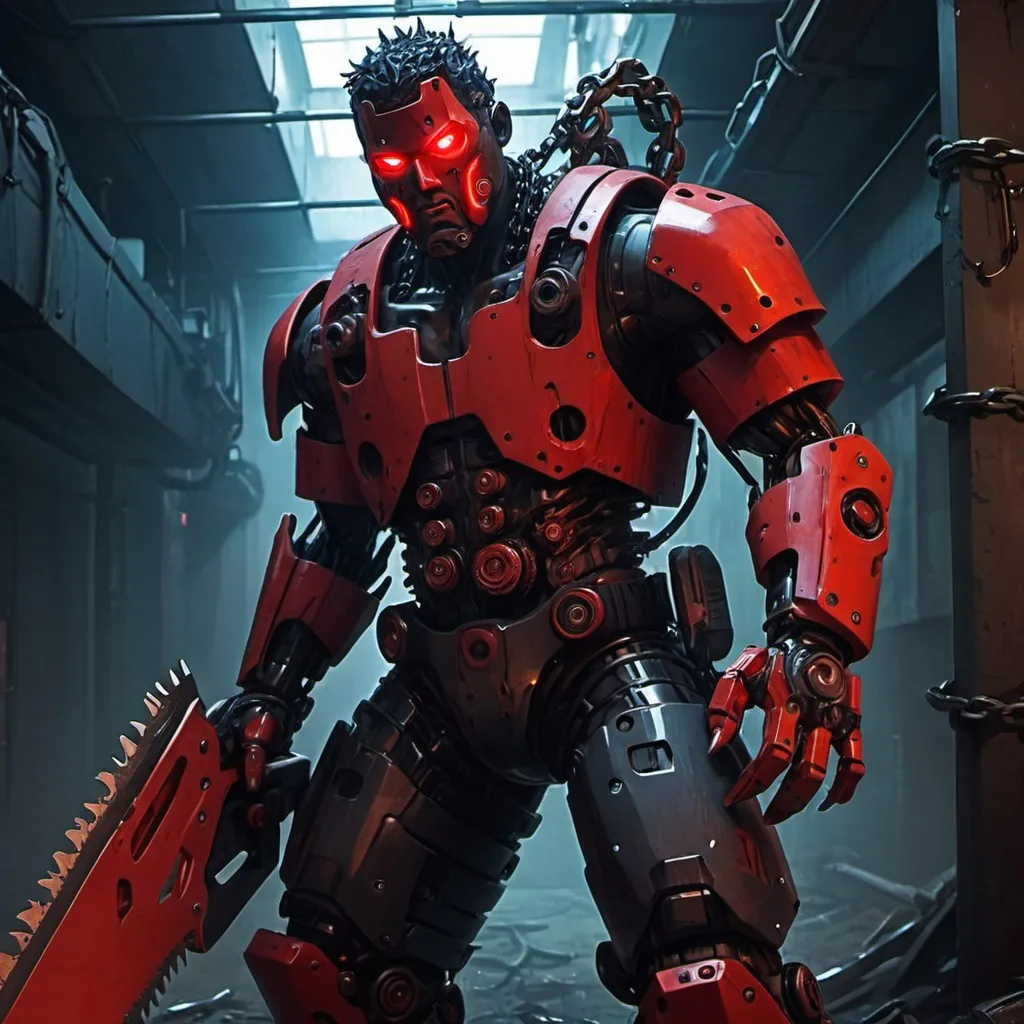 Prompt: Dark_Fantasy,Cyberpunk,(chain saw,chain saw man,Red:1.1),1man,Mechanical marvel,Robotic presence,Cybernetic guardian,