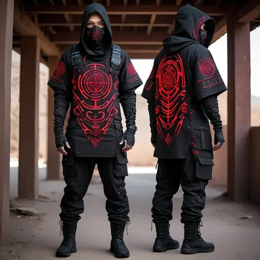 Prompt: Cyberpunk  tribal shamanic  futuristic tactical  gear nomad shamanic clothing
pant , hoodie poncho shamanic onaments face tactical mask multiple pockets and pouches intricate patterns pockets 
tech wear black fabric  with symbol and cryptic signs and hexoganal hive patern designs in neon uv red