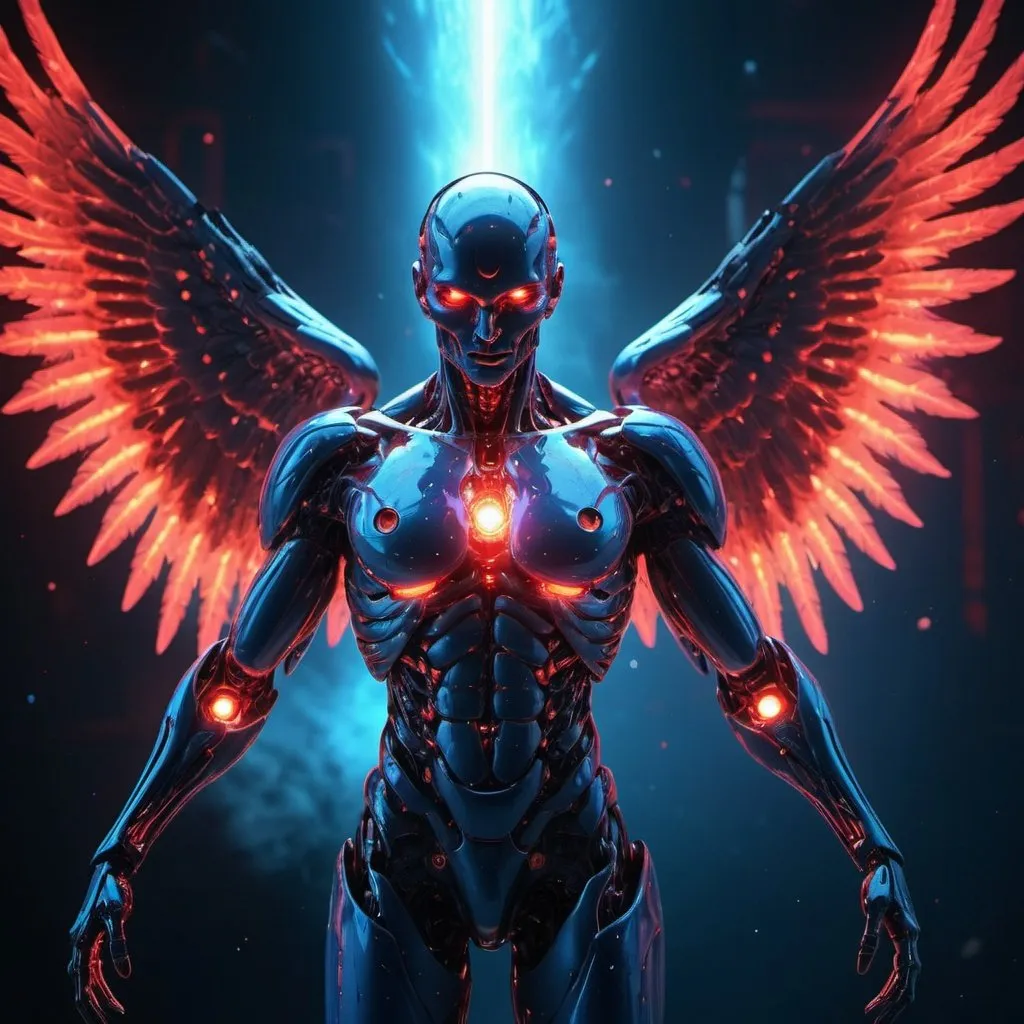 Prompt: Cosmic Fallen Angel, glowing light eyes, Biomechanical, Very bright colors, Light particles, with light glowing, Mshiff, wallpaper art, UHD wallpaper,Strong red and blue light and shadow cinematic 