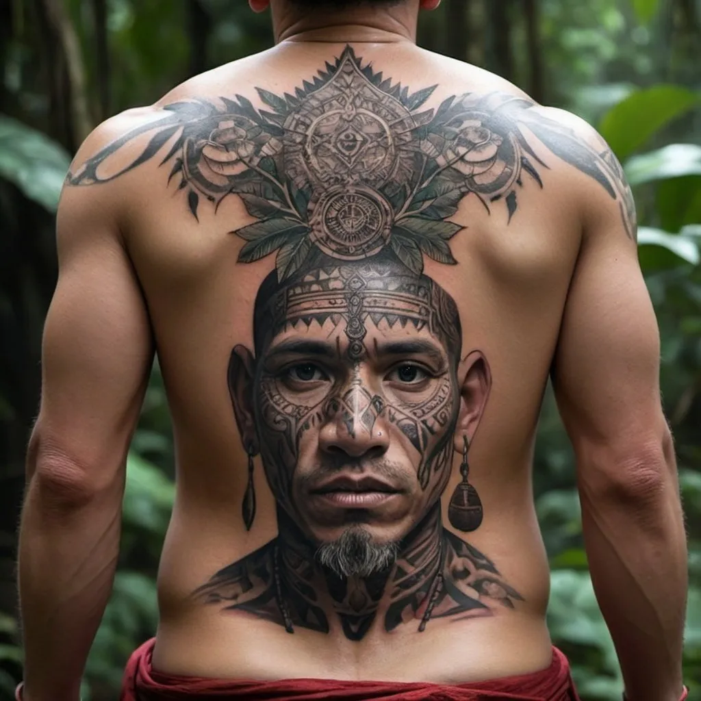 Prompt: (Mejor calidad，4k，8k，high resolusion:1.2)，Ultra - detallado，Realista，fotorrealista:1.37,hombre rudo rapado con tatuajes por todo el cuerpo, vestido de monje en un templo del amazonas - **Apariencia**: Rudo, rapado, tatuajes por todo el cuerpo. - **Vestimenta**: Monk Robe. - **Tatuajes**: Intrincados, tribales, Symbols of Mystical Tribes and Animalirada**: Intensa, determinada, sabia. - **Ambiente**: Templo en la selva del Amazonas, connection to nature.mirada desafiante con gesto grosero