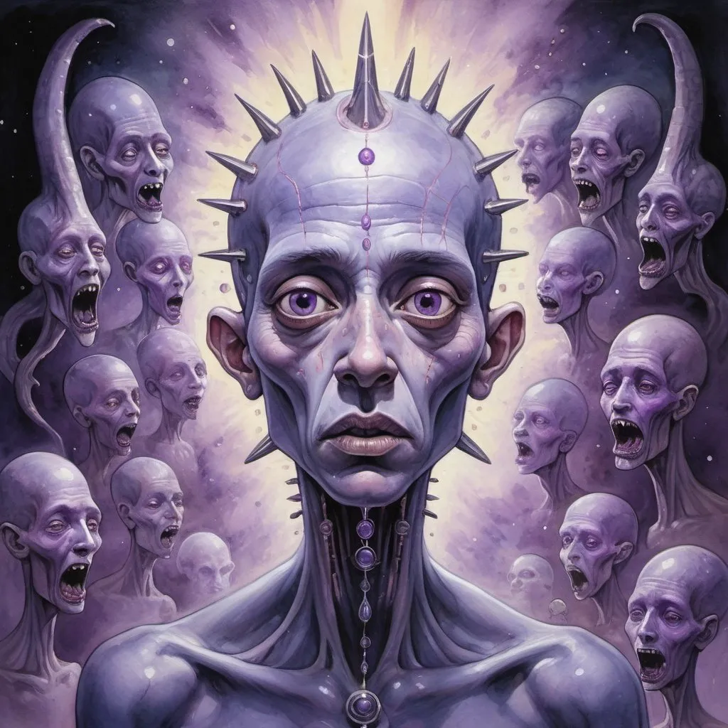 Prompt: (Dramatic Painting:2) of (Detailed illustration:2),masterpiece, best quality, (Psychic being with elongated heads and piercing mental screams. Their color palette features unnatural purples, indigos, and glowing psychic auras, creating a disconcerting and unsettling atmosphere), absurdres, intricate detailed, sharp focus, smooth, science fiction, jean-baptiste, monge, style, watercolor, painting