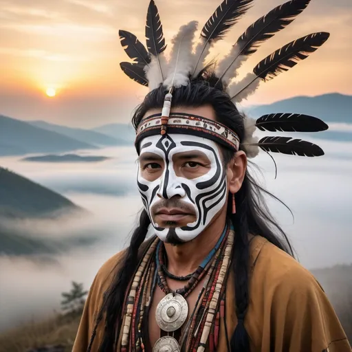 Prompt: A shaman with shamanic clothes face mask and shamanic ornaments standing on a mountain in the fog with clouds near it,with tribal huts and tribes at a distance sunset   eroded surfaces, soft-focus portraits, adventure themed, monumental forms, close-up --ar 16:9 --style raw --sref s.mj.run/J-d4B3VQ0kg ::2 s.mj.run/k10fV_CeLnE ::2 s.mj.run/luN48Wu1JBc s.mj.run/CipB5QUrd-k s.mj.run/tAhMiKfQh5k ::9 s.mj.run/55fTN3X5eIs --sw 1000 --v 6.0