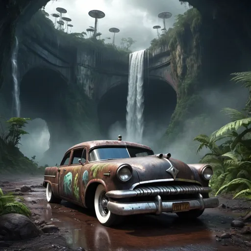 Prompt: rat_rod, at lonley highway on an alien planet, rainforrest, hyper detailed, waterfall, backside,,