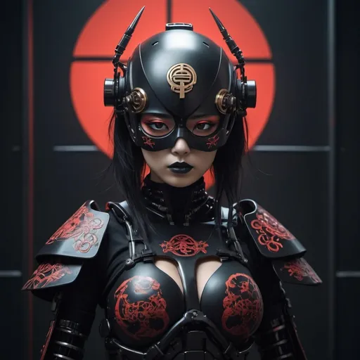 Prompt: (((Best quality))), ((masterpiece)) full body, young female Japanese femme fatale cyborg assassin, (((holding two katanas))) with a black glossy futuristic mask, dark grey metal body armour, wearing by a (((traditional black kimono embroidered in gold and red feudal Japanese symbols, neo-futuristic visual aesthetic, ((perfect robotic eyes)) ((perfect symmetry)), perfect face, perfect body, detailed white ink body art, dark palette, hint of black-neon, neo-noir Japanese, colourful tag graffiti on metal body frame and helmet, dark neo-noir cyberpunk minimalism, dieselpunk vs rococopunk, dark palette minimalism, {{dark neo-noir Japanese dark gothic art}} by ESAU, Moebius, Dan hillier, Jakub Rebelka, (((and a world-first reimagined digital Leonardo da vanci)), HQ digital matte painting, additional collaborating artist—Marcin blaszczack, trending on artstation and this is cool, the composition is dark & futuristic with a twist of retro 80’s retro & synthwave visual aesthetic, sci-fi horror, dark sci-fi horror overtones, a red moon behind dark post-apocalyptic buildings background, dark sinister clouds, dystopian vibes, a dash of (dark pulp-surrealism), hauntingly beautiful, cgsociety, lo-fi dark grungecore, black neon, apocalypse art, dystopian art, sabattier filter, cinematic lighting, dieselpunk, black ink splattering and oil colour grunge, enigmatic, forbidden art, robot erotica, perfect composition, fit in-frame, strangely ominous, nightmarefuel, intricate details,neon horror st,ory, 3d maya, unreal engine render, a dark narrative is unfolding, 4K