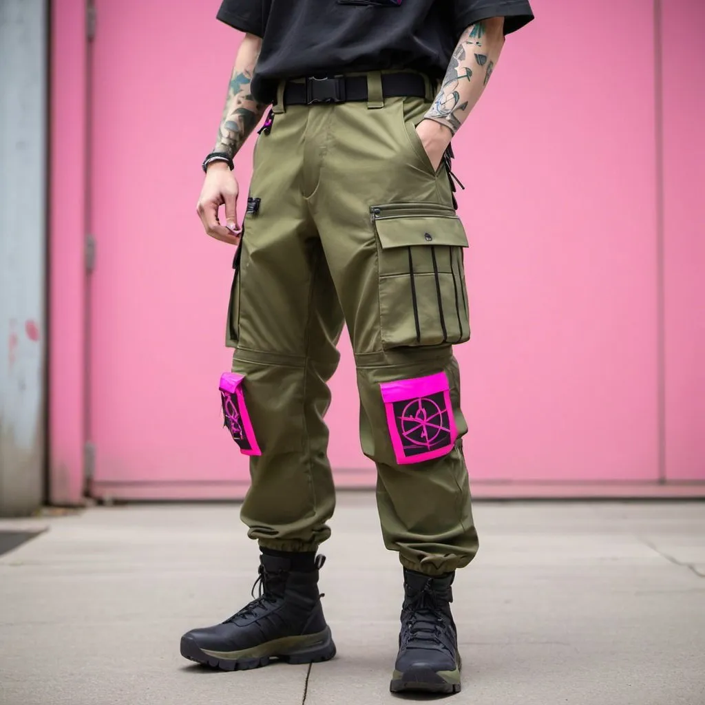 Prompt: Tech wear herb olive pants with multipal tactical pockets for storage straps and cryptic symbols in uv neon pink Japanese streat wear cargo pants