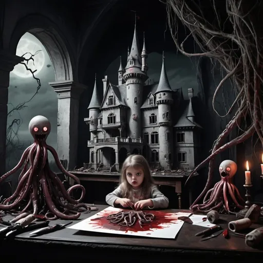 Prompt: Fine matte paintings, haunted castle with horrible dolls on drawing table full of knives, horror, eerie, scary, tentacles, vines, eyes, blood moon