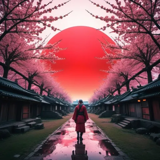 Prompt: No Text, Wide Angle Photography, (SamuraiNqrd:1) (CosmicGate:1.6), early morning Red Sun, Cherry Blossoms esthetic glitch art  shaman tribals civilization cyberpunk concept blury neon lightings