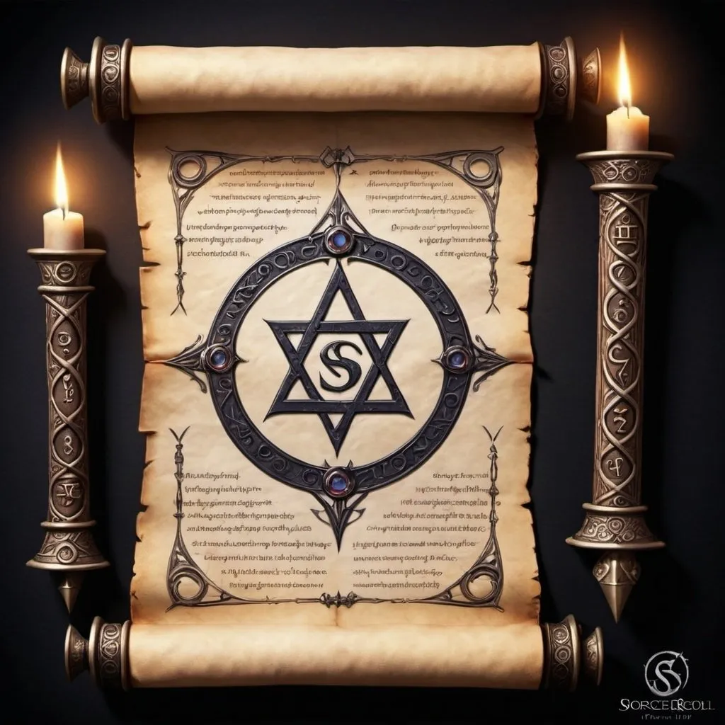 Prompt: The Sorcerer scroll  magical scroll for dark magic with dark cryptic symbol written on the pages 