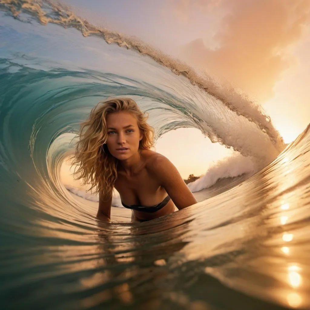 Prompt: inside the wave, surfer, inside a barreling wave, dirty blonde woman, 27 years old, sunset orange in background, long shot, high quality photography