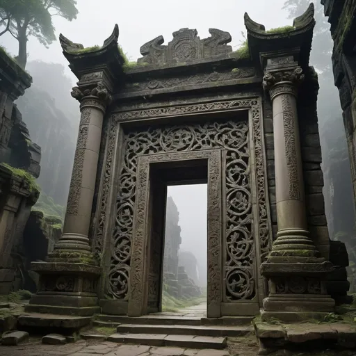 Prompt: scenography，Very unified CG scenes，（well worn），（Dense fog）
（There is an ancient and mysterious huge glass door in the ruins，Connect different time and space with the sky.），Its appearance is dark black，Inlaid with intricate golden patterns，Give people a kind of solemnity、mystical feeling。There are some ancient symbols carved on the door，It is said to be a spell used to open the door to time and space..。The ruins are a place full of mystery and mystery， (There are thick vines everywhere，entwined with ancient swaying boulders.：0.65），（Tall stone walls collapsed into thick green vines），Each of their stones looks exquisite，Presenting spectacular architectural aesthetics。Each stone wall is carved with intricate patterns，Every detail reveals a unique artistic sense。But these carvings weathered the storm，Many are incomplete， You can travel through time in these ruins，Towering temples and spectacular stone pillars are left only in ruins and desolate scenes.。 You can also see stone statues of different shapes scattered everywhere..，The statue has weathered hundreds of years，