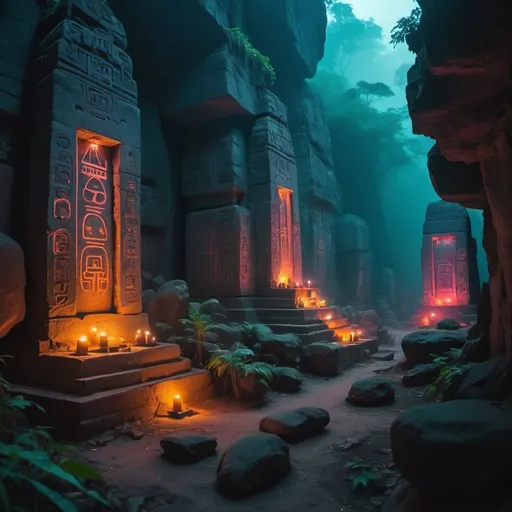 Prompt: breathtaking shallow depth of field, a tribal civilization with tribal homes with realistic lightings tribals doing their  daily activities big  cave  walls written with tribal signs and criptic symbols in neon glowing lightings  cyber punk aesthetic cinematic  lightings smoky atmosphere stone  boulder wide and huge tall with cryptic tribal signs.  Ancient ruins of temple with statues with cryptic symbols glowing on the statues and temple walls Glowing in radium in a rain  forest with mist and foggy atmosphere bokeh, ethereal scenery by Atey Ghailan, insanely beautiful and atmospheric, aesthetical cinematic lightings neon baground

