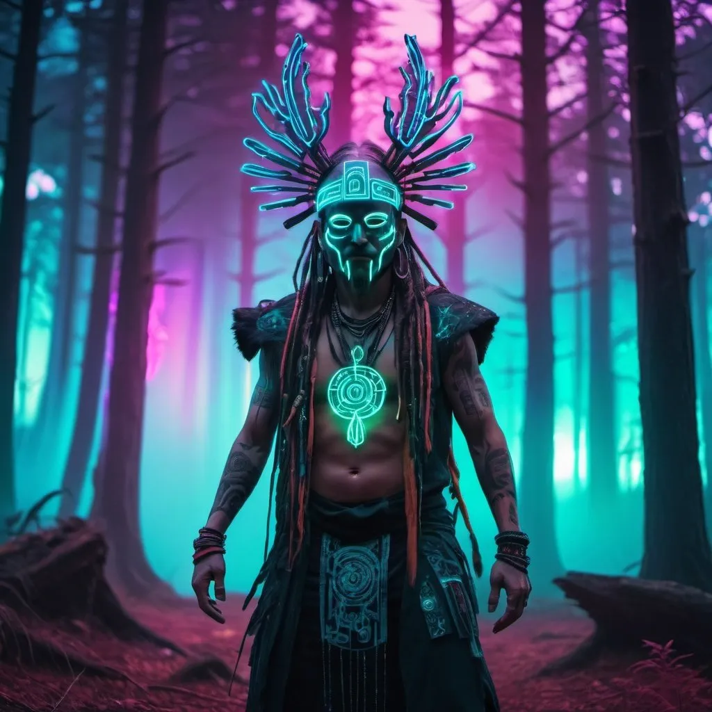 Prompt: Cyberpunk forest neon sfumato wide shot of a cyberpunk dancing shaman with a shamanic mask  with shamanic ornaments | forest background | colourfull  hued gradient effect | futuristic glowing runes --ar 16:9 --s 120 --style raw --v 6.0