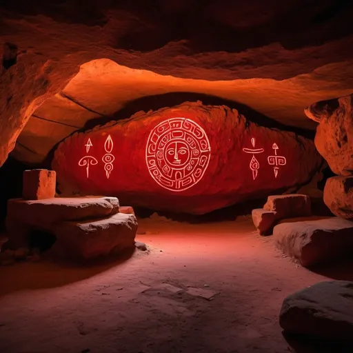 Prompt: Cryptic symbols of tribal language written on the walls of a cave glowing in neon red colour 