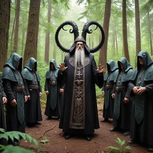 Prompt: wide-shot, action, Epic Composition, photo of The most high (CthuluBishop:1) of the lovecraftian order of Cthulu with tribes in the forest