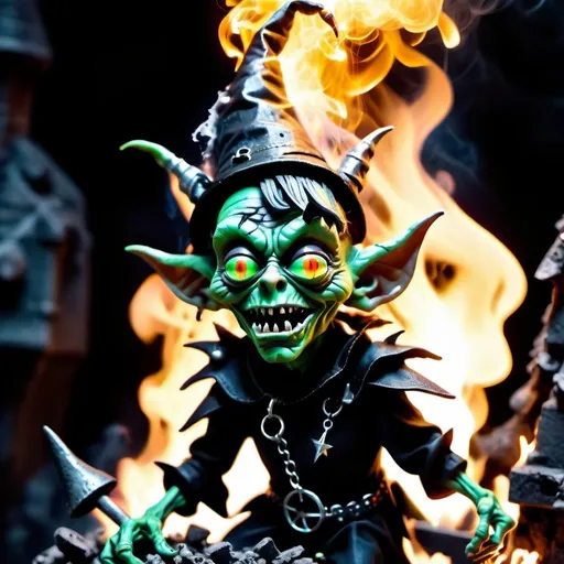 Prompt: Close-up ( scary goblin wearing a witch costume from Marvel in Goth style: 1.3) emerging from the witches castle, extremely detailed, smoke, sparks, metal shavings, flying debris, volumetric light