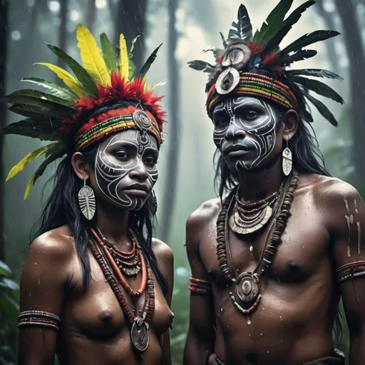 Prompt: Rain forest tribals In the forest with tribal hunters wearing tribal face mask colourfull ornaments and tribal clothes Misty fog enviornment with a drizzle of rain Bokeh, Light particles, monochrome, Highly detailed painting,(dark hues:1.3),(Close portrait:1.3),thematic background