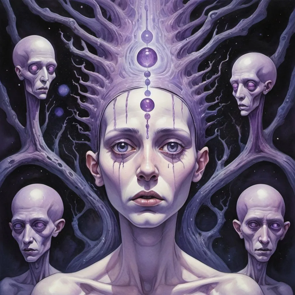 Prompt: (Dramatic Painting:2) of (Detailed illustration:2),masterpiece, best quality, (Psychic being with elongated heads and piercing mental screams. Their color palette features unnatural purples, indigos, and glowing psychic auras, creating a disconcerting and unsettling atmosphere), absurdres, intricate detailed, sharp focus, smooth, science fiction, jean-baptiste, monge, style, watercolor, painting
