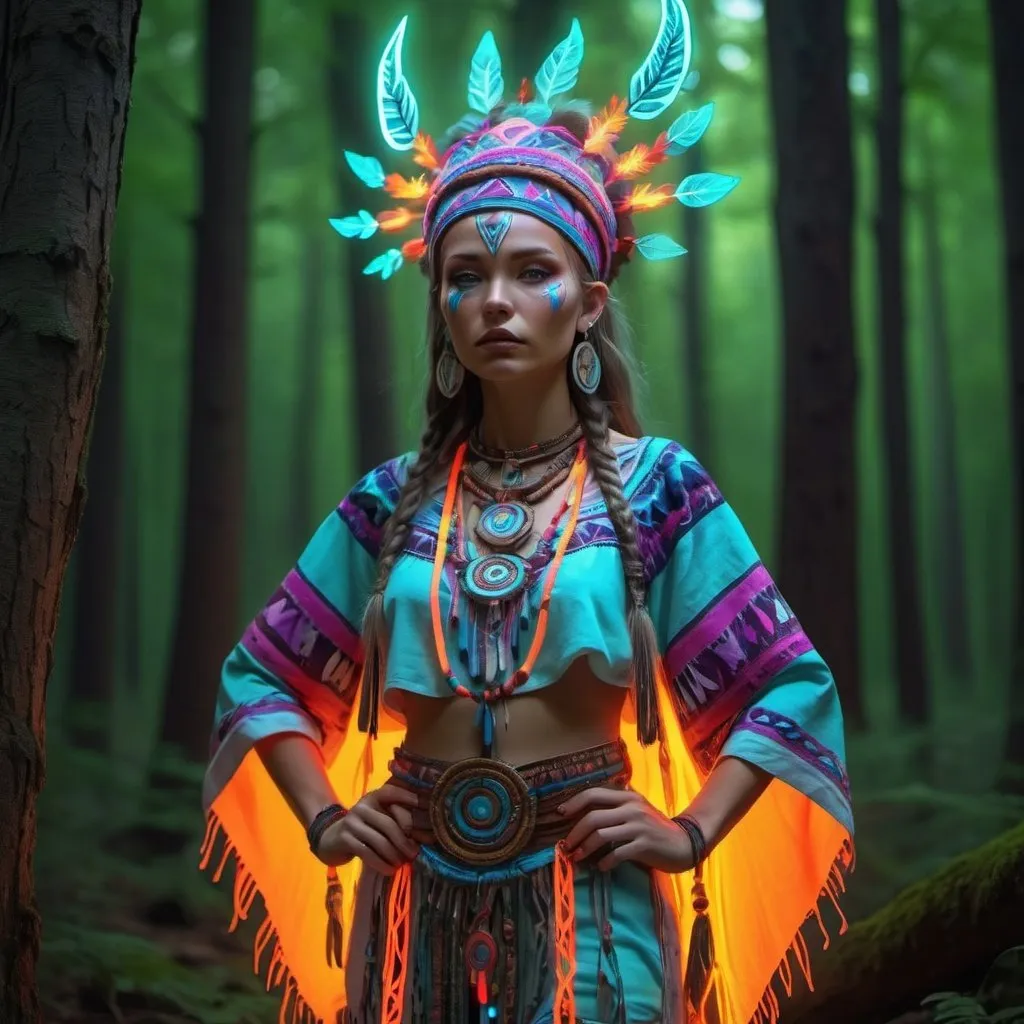 Prompt: A shaman in the forest wearing shamanic costume and ornaments study, sketch, fashion sketch, genderbend, woman, fantasy, colourfull neon uv tunic, embroidery, detail, 4k, full body, head to toe, full sketch, full outfit, standing in the forest blurry baground neon lightings in the baground