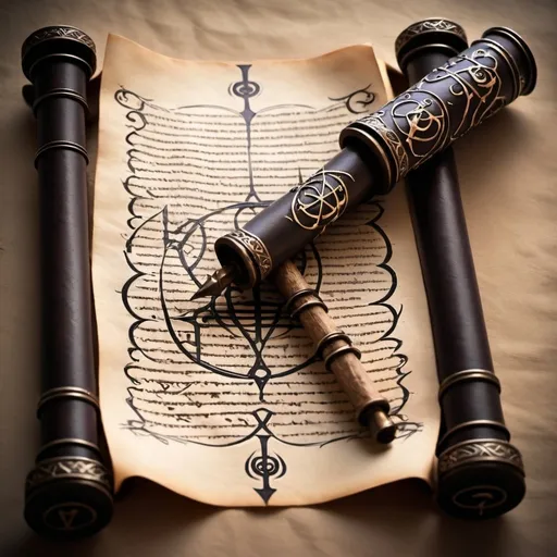 Prompt: The Sorcerer scroll  magical scroll for dark magic with dark cryptic symbol written on the pages 