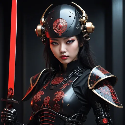 Prompt: (((Best quality))), ((masterpiece)) full body, young female Japanese femme fatale cyborg assassin, (((holding two katanas))) with a black glossy futuristic mask, dark grey metal body armour, wearing by a (((traditional black kimono embroidered in gold and red feudal Japanese symbols, neo-futuristic visual aesthetic, ((perfect robotic eyes)) ((perfect symmetry)), perfect face, perfect body, detailed white ink body art, dark palette, hint of black-neon, neo-noir Japanese, colourful tag graffiti on metal body frame and helmet, dark neo-noir cyberpunk minimalism, dieselpunk vs rococopunk, dark palette minimalism, {{dark neo-noir Japanese dark gothic art}} by ESAU, Moebius, Dan hillier, Jakub Rebelka, (((and a world-first reimagined digital Leonardo da vanci)), HQ digital matte painting, additional collaborating artist—Marcin blaszczack, trending on artstation and this is cool, the composition is dark & futuristic with a twist of retro 80’s retro & synthwave visual aesthetic, sci-fi horror, dark sci-fi horror overtones, a red moon behind dark post-apocalyptic buildings background, dark sinister clouds, dystopian vibes, a dash of (dark pulp-surrealism), hauntingly beautiful, cgsociety, lo-fi dark grungecore, black neon, apocalypse art, dystopian art, sabattier filter, cinematic lighting, dieselpunk, black ink splattering and oil colour grunge, enigmatic, forbidden art, robot erotica, perfect composition, fit in-frame, strangely ominous, nightmarefuel, intricate details,neon horror st,ory, 3d maya, unreal engine render, a dark narrative is unfolding, 4K