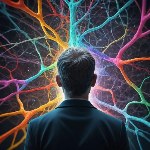 Prompt: deep thoughts, mysterious environment, confusion, 4k, realistic, ultra quality, environment full of secrets, many bright colours, the world as human neural connections, what goes on in the head of a genius, a person looks at all this from the side, view from the back of a person