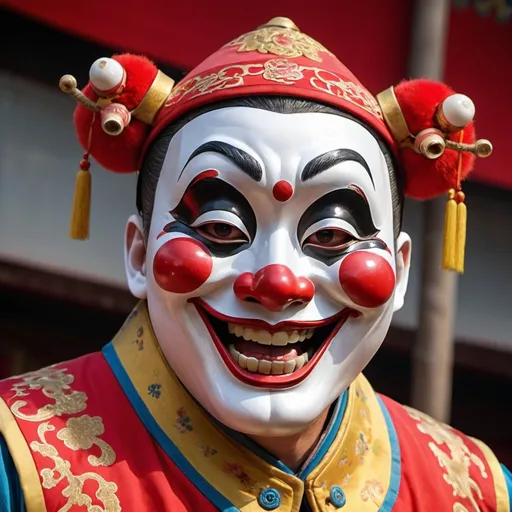 Prompt: (A close-up of an actor being exaggeratedly laughed at by a Sichuan opera clown),The upper part of the body，Center the face，Big red nose，Big red nose，Panda makeup，Smoky makeup，crazy, clown face，Clown makeup， (Sichuan Opera and Peking Opera,masks）,  Sichuan opera, Classic repertoire, Masquerade masks，golden colored，red colour，colorful mask，Evil smile, Open your mouth and laugh，Black P masquerade mask, with detailed facial features, drama masks, Realistic, (Left and right asymmetry)
Masterpiece, Intricate details,hyper HD, Masterpiece, ccurate, Anatomically correct, Textured skin, High details, Award-Awarded, High quality, A high resolution, Best quality, 8K