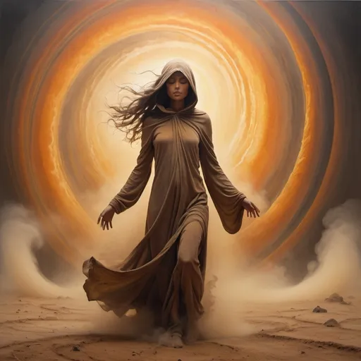 Prompt: A bright and fun , and mystical scene depicts a a woman figure emerging from a swirling vortex of dust, with tendrils of grayish-brown mist curling around their arms and legs, as if being reborn from the earth itself. The atmosphere is fun with an otherworldly energy, and the lighting is soft, warm hues of oranges and yellows, reminiscent of a desert sunset. The figure's face is obscured, with a hood or cloak covering their features, but their skin has a warm, golden undertone, with a subtle sheen to it. In the background, dark, rocky formations