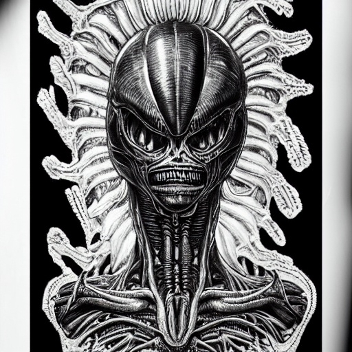 Prompt: Create a  black pen HR Giger.  style alien xenomorph connected biomechanically to the hive only on  a white background A4 size paper Tattoo, stunning, realistic do not create the image on the human body 