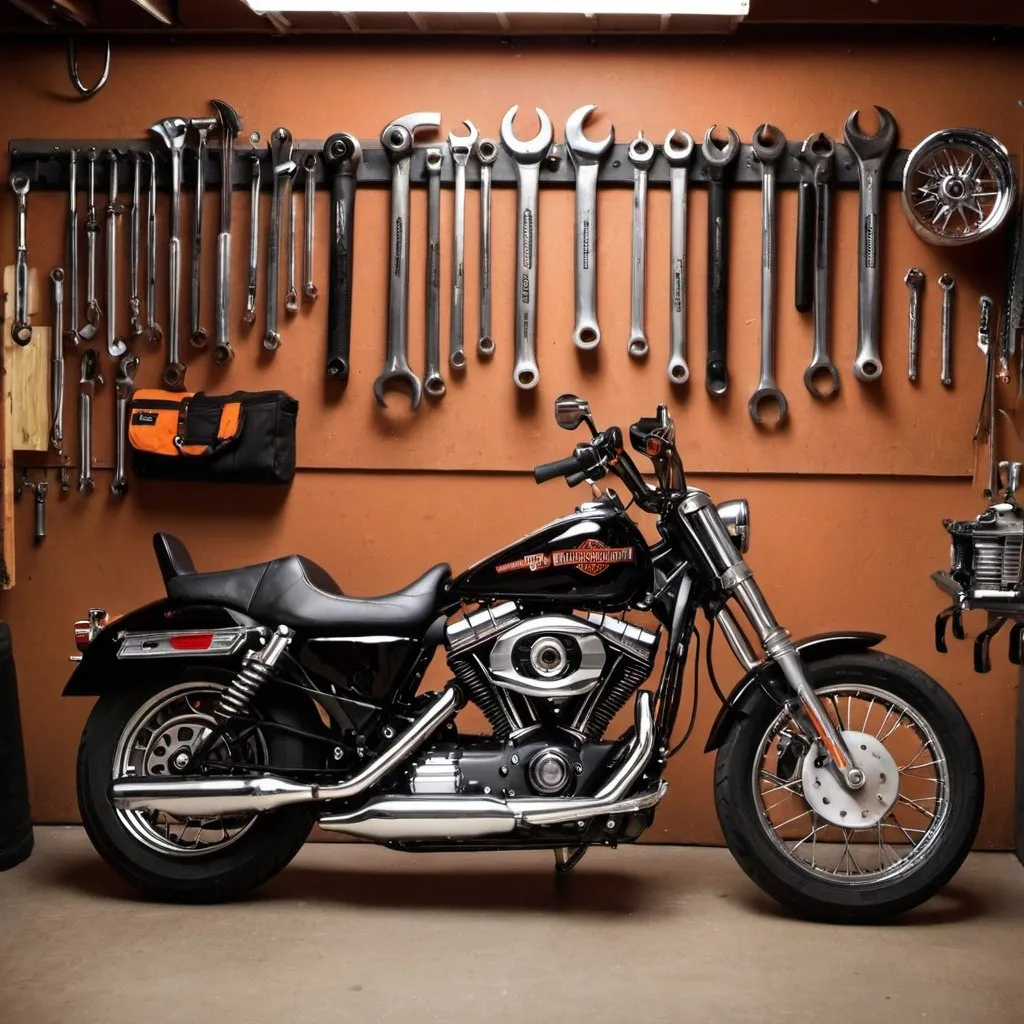 Prompt: Harley Davidson in the garage. Lots of shiny tools hanging on the wall.