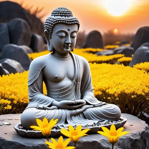 Prompt: A Buddha statue，Made of granite，The Buddha statue has been baptized by wind and frost the year before，The surface becomes covered with crackoss grows，One or two nameless yellow flowers will grow in the dilapidated cracks，It is very beautiful under the light of the sunset