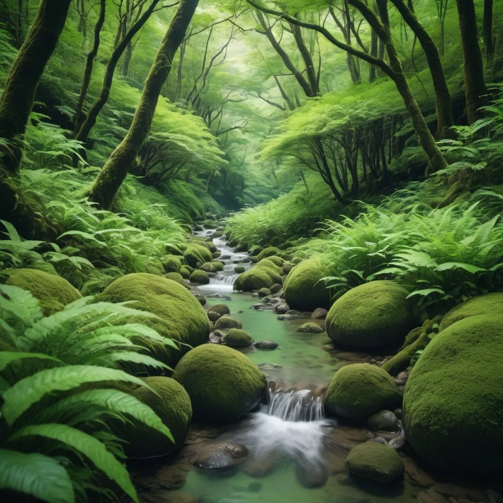 Prompt: Close-up of a stream flowing through a lush green forest, a picture by Tadashi Nakayama, unsplash contest winner, environmentart, japan lush forest, Lush green deep forest, anime lush john 8k woods, lush fairy forest, green forest, photography of enchanted forest, Lush forest, really beautiful forest, green flora forest, Deep forest, Magical environment