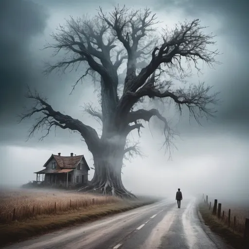 Prompt: Create a village road a single scary house with a dried huge tree with mist and fogg in the atmosphere with turning darkness in the sky and an entity standing on the road