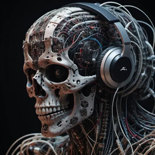 Prompt: (extremely detailed 8K wallpaper) Mid-range photo of a scary necromancer, complexe, il joue d'une une monstrueuse Cyber machine,  and thanks to a complex configuration, composes music using a modular synthesizer that is tightly linked and controlled by its own cerebral cortex. This advanced neural music interface allows the artist to seamlessly translate their thoughts and emotions into a unique listening experience.., Pushing the boundaries of creativity and innovation in music production.High detail, dramatique