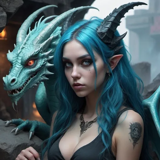 Prompt: Scary environments, ghosts, industrial site with cryptic symbols on the wall in neon colours spraypainted signs on the wall smoke mist fog in the atmosphere creepers taking over the place. Realism - Style Woman with long wavy blue hair and wings with dragon scales, sitting on a rock, her face is beautiful super defined, her Dragon eyes super detailed, mouth and nose characterized tuned, Dragon Girl, Beautiful Succubus, detailed detailed, extremely detailed, intricate, finely tuned, Unreal Fantasy Artwork, Epic Fantasy Art Style, Fantasy Art Style, Epic Fantasy Digital Art Style, Unreal Fantasy Illustration, Detailed Fantasy Art, 2. 5 d CGI unreal Fantasy Artwork, Epic Fantasy Art Style HD, Artgerm Julie Bell Beeple, Stunning, epic, visual impact, too real, very beautiful, real daughter of dragon    details --auto