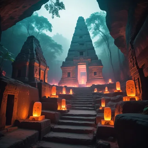Prompt: breathtaking shallow depth of field, a tribal civilization with tribal homes with realistic lightings tribals doing their  daily activities big  cave  walls written with tribal signs and criptic symbols in neon glowing lightings  cyber punk aesthetic cinematic  lightings smoky atmosphere stone  boulder wide and huge tall with cryptic tribal signs.  Ancient ruins of temple with statues with cryptic symbols glowing on the statues and temple walls Glowing in radium in a rain  forest with mist and foggy atmosphere bokeh, ethereal scenery by Atey Ghailan, insanely beautiful and atmospheric, aesthetical cinematic lightings neon baground

