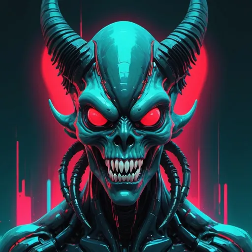 Prompt: cyberpunk art style, abstract background, glitchy digital painting of an alien creature with massive horns and teeth, glitch effecting the colors and textures in red black teal blue neon color palette, digital art --ar 51:64 --s 750 --niji 6