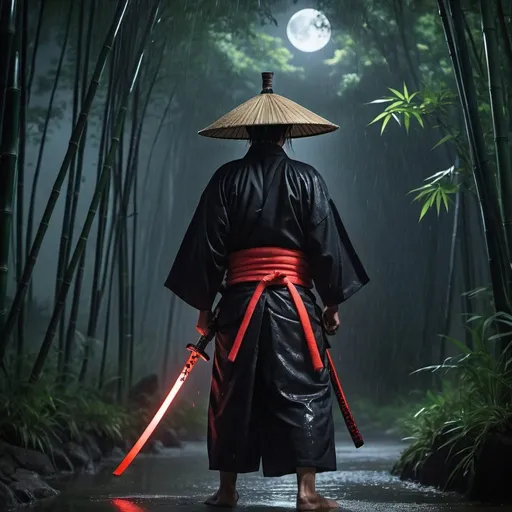 Prompt: (best quality, 4k, highres, masterpiece:1.2), ultra-detailed, (realistic, photorealistic, photo-realistic:1.37), a man dressed as a samurai stands in the rain, wearing a bamboo hat (kasa) on his head. He is surrounded by a dense forest, alive with the sounds of nature. It's a moonlit night, and the darkness adds to the mysterious ambiance. The man is wearing a black kimono with neon red stripes that glow in the darkness, making him stand out in the scene. His sword (katana) is unsheathed, ready for action in the face of imminent disasters.