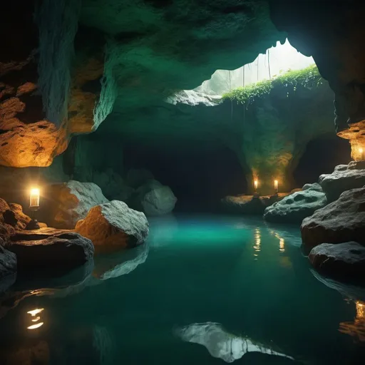 Prompt: Underground cave,large room,opening leading to water pool,sign saying turn back,glowing water (best quality,highres:1.2),ultra-detailed,realistic:1.37, HDR,UHD,studio lighting,sharp focus,physically-based rendering,extreme detail description,professional, vivid colors,bokeh,landscape,moody atmosphere,dark tones,subtle light effects,mysterious shadows,rock formations,water reflection,ancient architecture,creeping vines,emerald green color, damp and humid environment.