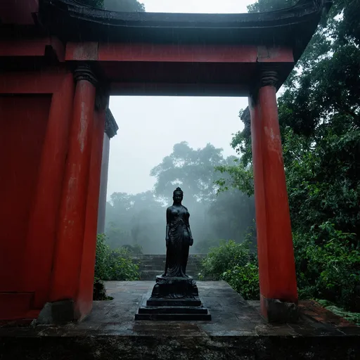 Prompt: A blood-red temple walls and floring in an ancient temple  stone statue of an ancient godess sculpture of divine gods in the rain forest mist smog and fog in the atmosphere and pure black ston temple in the forest  cinematic photoshoot realistic lightings ulta hdr 32k high resolution, smooth and delicate skin, noble and elegant, ultra-realistic photography vibe, shot with Canon camera, intricate details, 32k --ar 16:9 --s 750 --v 6.1