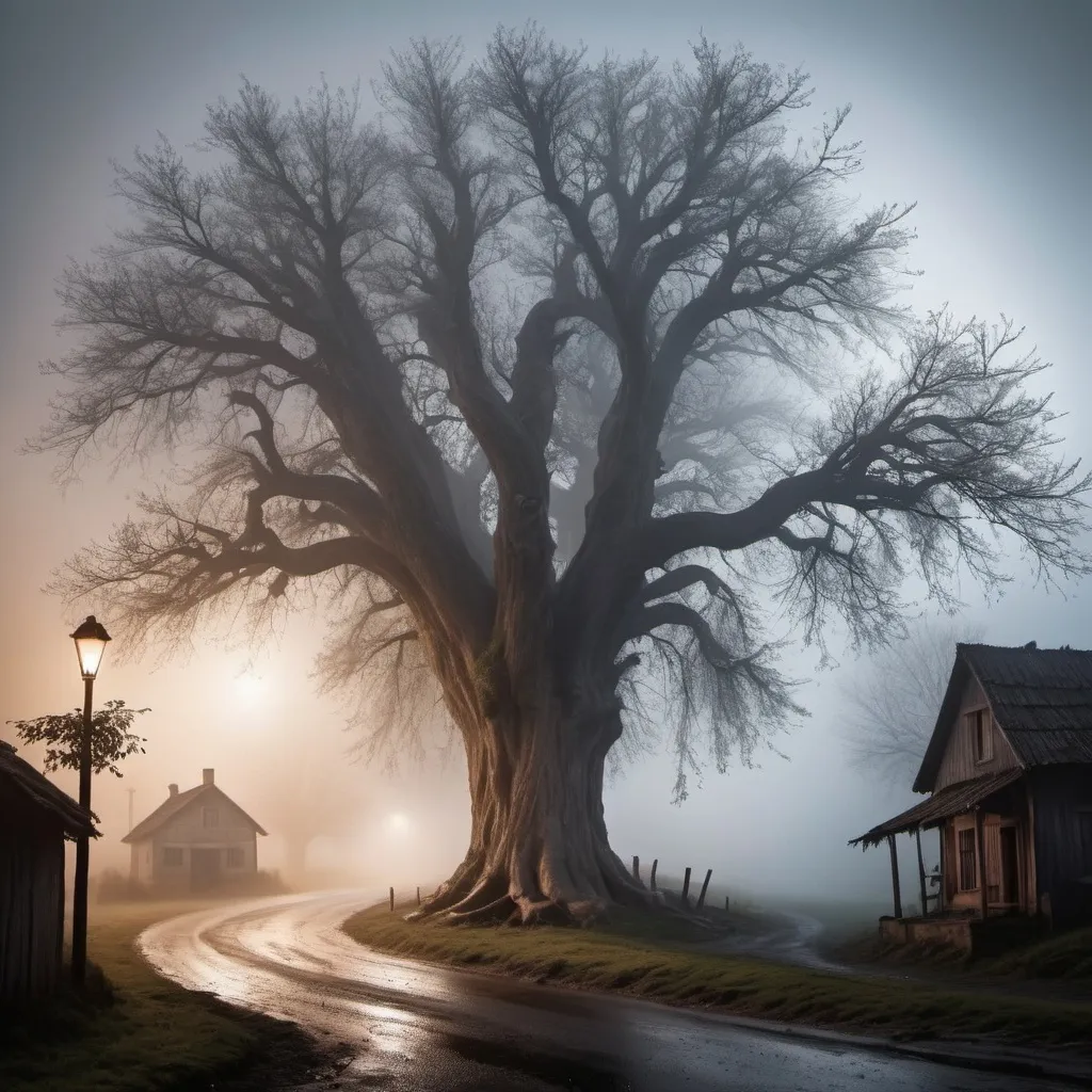 Prompt: Create a village road house with a dried huge tree with mist and fogg in the atmoSphere with turning darkness in the aky