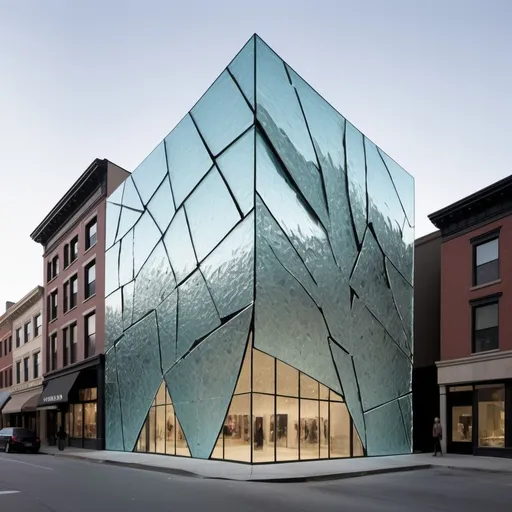 Prompt: Claudia Harper's facade resembling fractured, floating glass panels, held together by an unseen force. The design suggests a break in reality, emphasizing the store's avant-garde approach to luxury fashion.