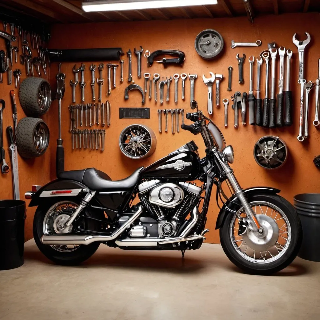 Prompt: Harley Davidson in the garage. Lots of shiny tools hanging on the wall.