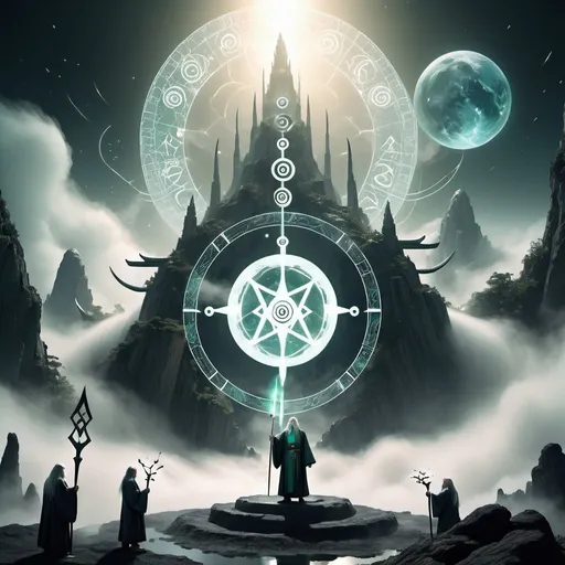Prompt:   (Magic Giant Formation), highly unified CG design, 3D renderings, mysterious geometric shapes, clear focus, (transparent white long haired old Taoist floating in front of the twelve zodiac magic formation), robe, (Green Dragon Crescent Blade: 0.), (Long Sword), collapse of the huge black hole heaven and earth, clear magic symbols, combination magic array, gold cultivation, complex combination rituals, surrealism, surreal digital art, visual exaggeration Cyberpunk, nanopunk, light painting, thick fog, mountains, towers, meteorites,    Scene of conspiricy of otherly world, mist, climate of suspense, anger
