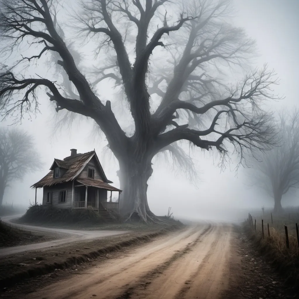 Prompt: Create a village road a single scary house with a dried huge tree with mist and fogg in the atmosphere with turning darkness in the aky