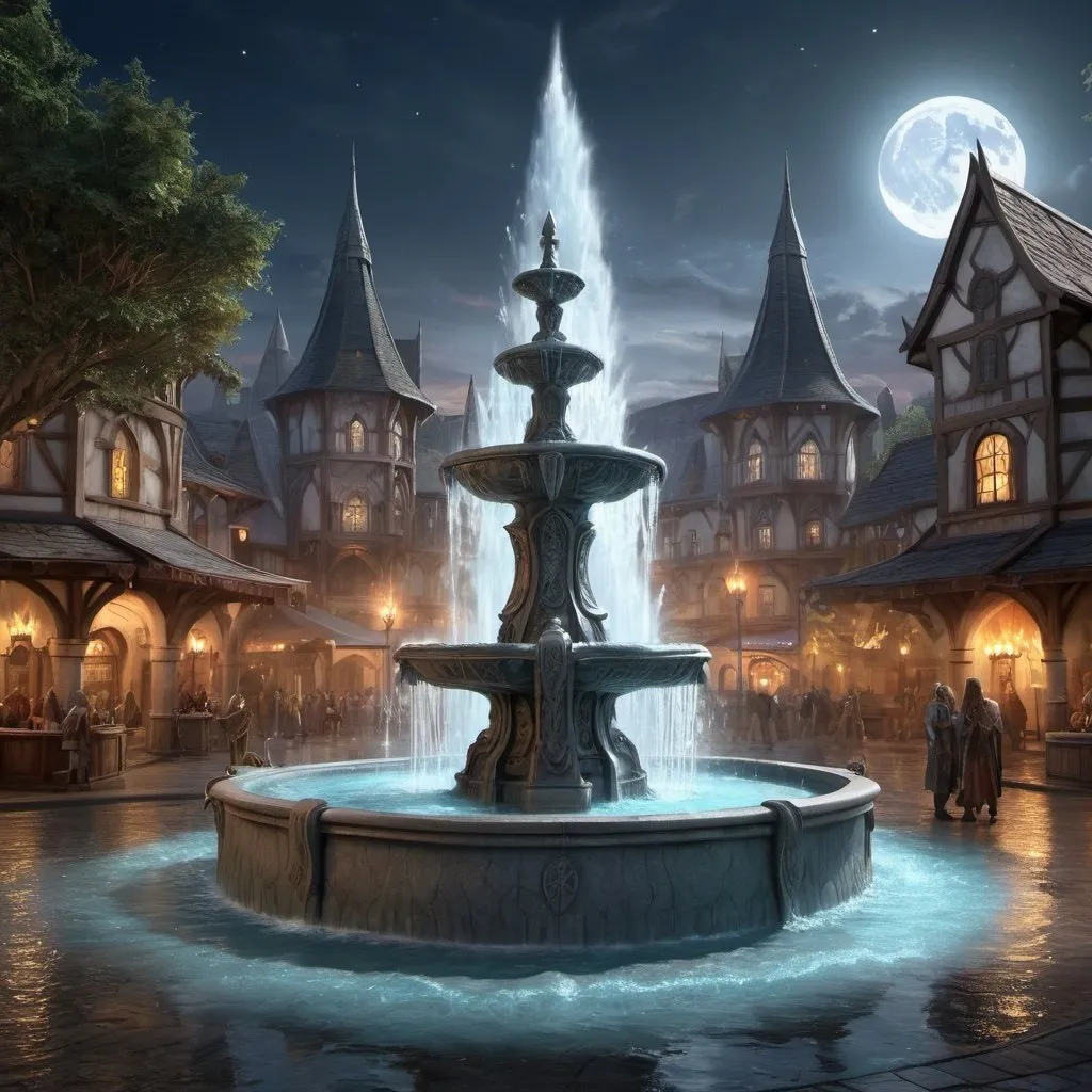 Prompt: Fantasy art, RPG art, there is an epic sized magical water fountain in an elven city town square, it has magical runes gl0w1ngR in the basin of the fountain, many rivulets of water entwined in fire, faize, the fire is combined with the water streams, its night time, moon is rising, photorealistic, 16k, RAW, award winning, (best detailed: 1.5), masterpiece, best quality, (ultra detailed), full body, ultra wide shot