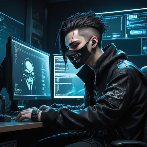 Prompt: (masutepiece, of the highest quality, Best Quality, Official art, Beautiful and aesthetic:1.2),(Cyberpunk:1.4) Hacker boy with his mouth covered with a black mask and a hacker logo on the left of the mask, ( in front he has his desk , on top of it the PC monitor on the left, ) ( his hands relaxing over the desk)