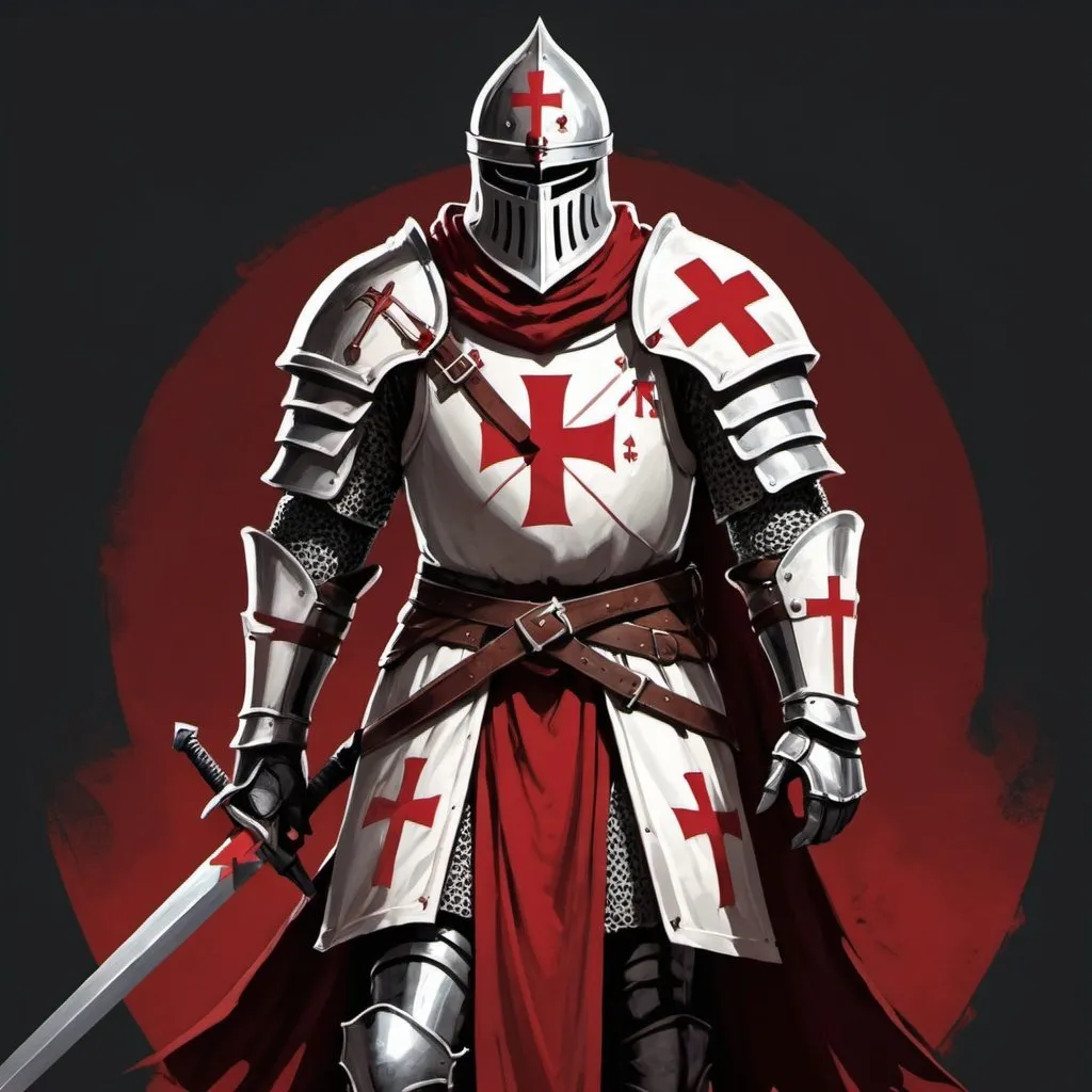 Prompt: An illustration of a Templar knight in full armor, with a white and red cross on his chest, holding two swords. The background is a dark red. In the style of art, character design for a game. --ar 3:4 --s 750 --v 6.0