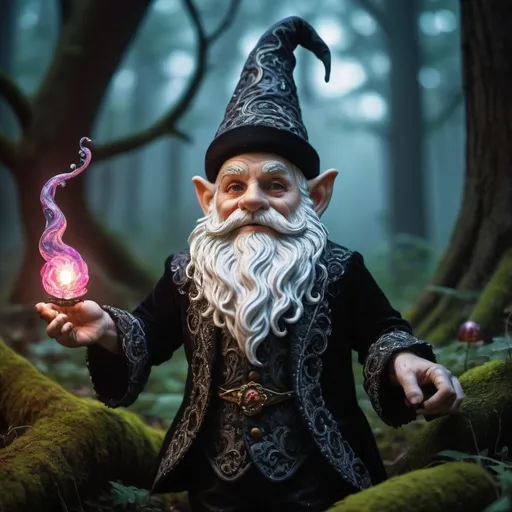 Prompt: In a dimly lit forest clearing, a gothic psychedelic gnome emerges: his twisted features highlighted by vibrant swirls of color, his ornate garments a mix of velvet and lace. This hauntingly beautiful scene is captured in a high fashion photograph, showcasing every intricate detail in stunning clarity. His gnarled staff glows with mystical energy, swirling around him in an ethereal dance. The overall effect is a mesmerizing mix of darkness and opulence, inviting viewers to delve into the fantastical world of the mysterious gnome.